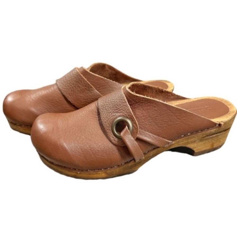 Clogs SANITA Shoes DENMARK Comfort Mules Leather Wood Sole Cognac Brown Size 38